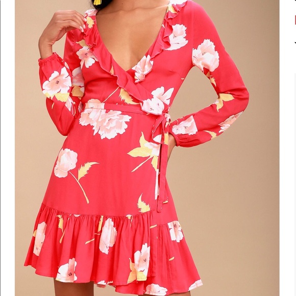 Billabong Coral Red Floral Print Wrap Dress! - Picture 8 of 8